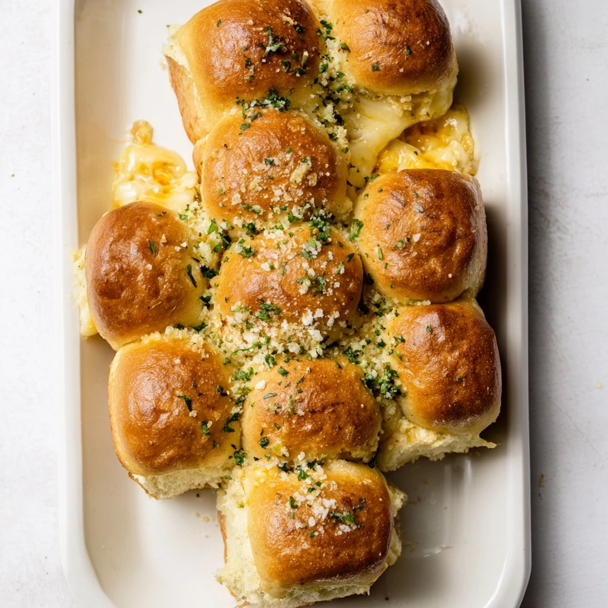 Mini grilled cheese Hawaiian rolls slider platter with gooey cheese pulls and toasted golden tops garnished with parsley