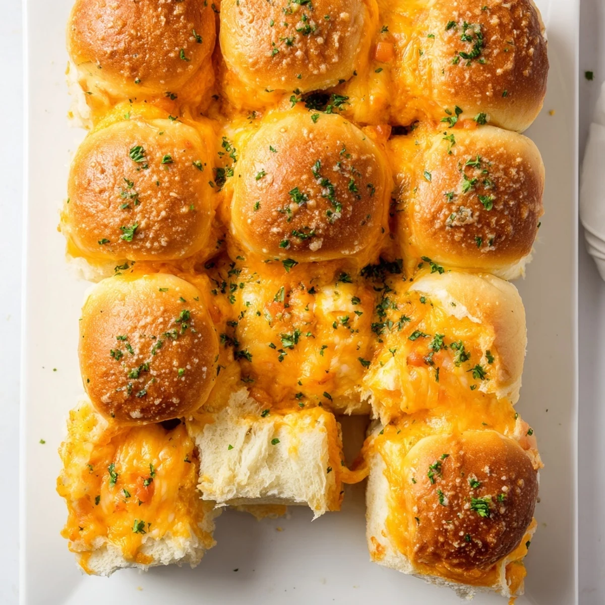Golden Hawaiian rolls stuffed with melted mozzarella and cheddar, brushed with garlic butter and baked until crispy