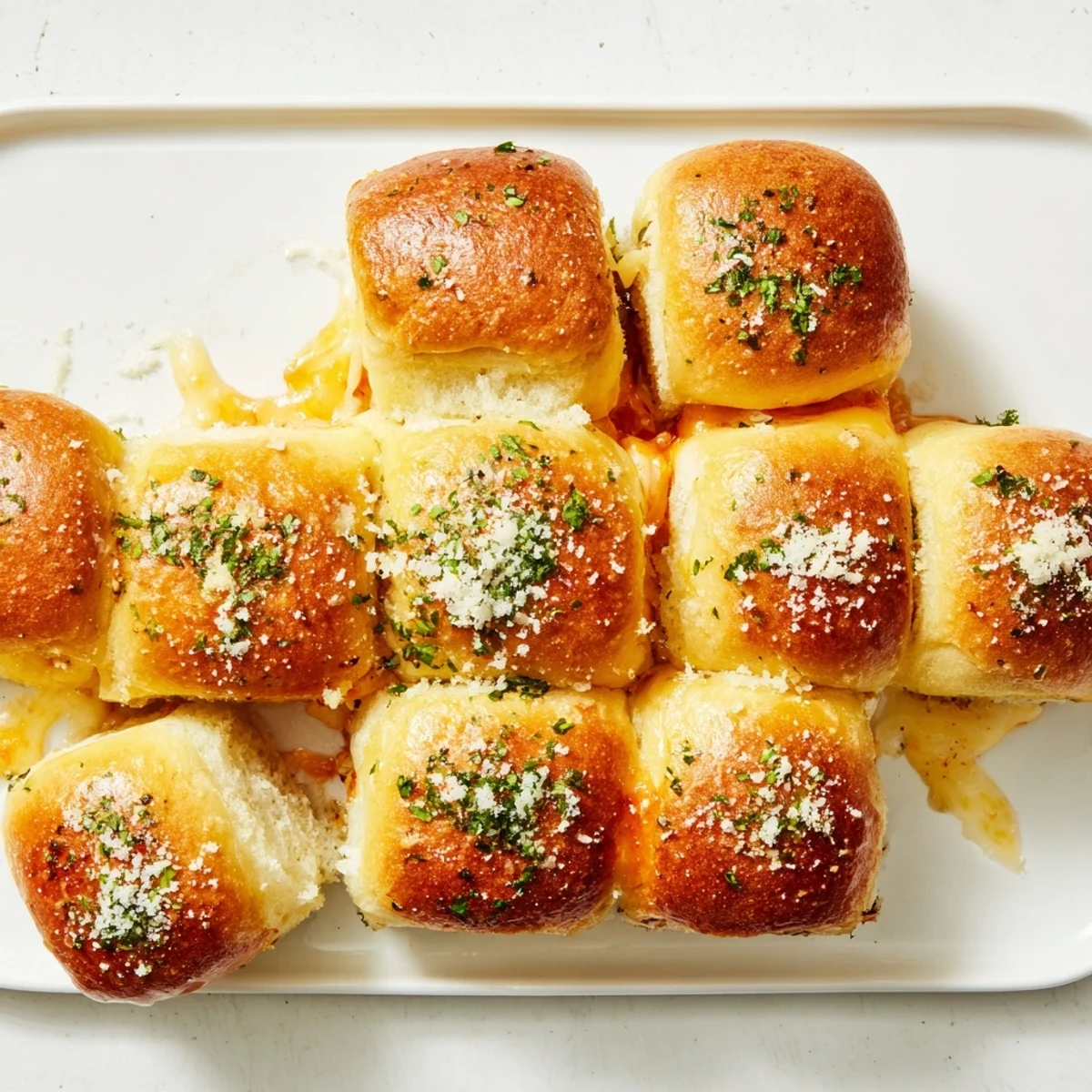 Warm sweet Hawaiian roll sandwiches filled with layers of melted cheddar and mozzarella cheese on a rustic wooden board