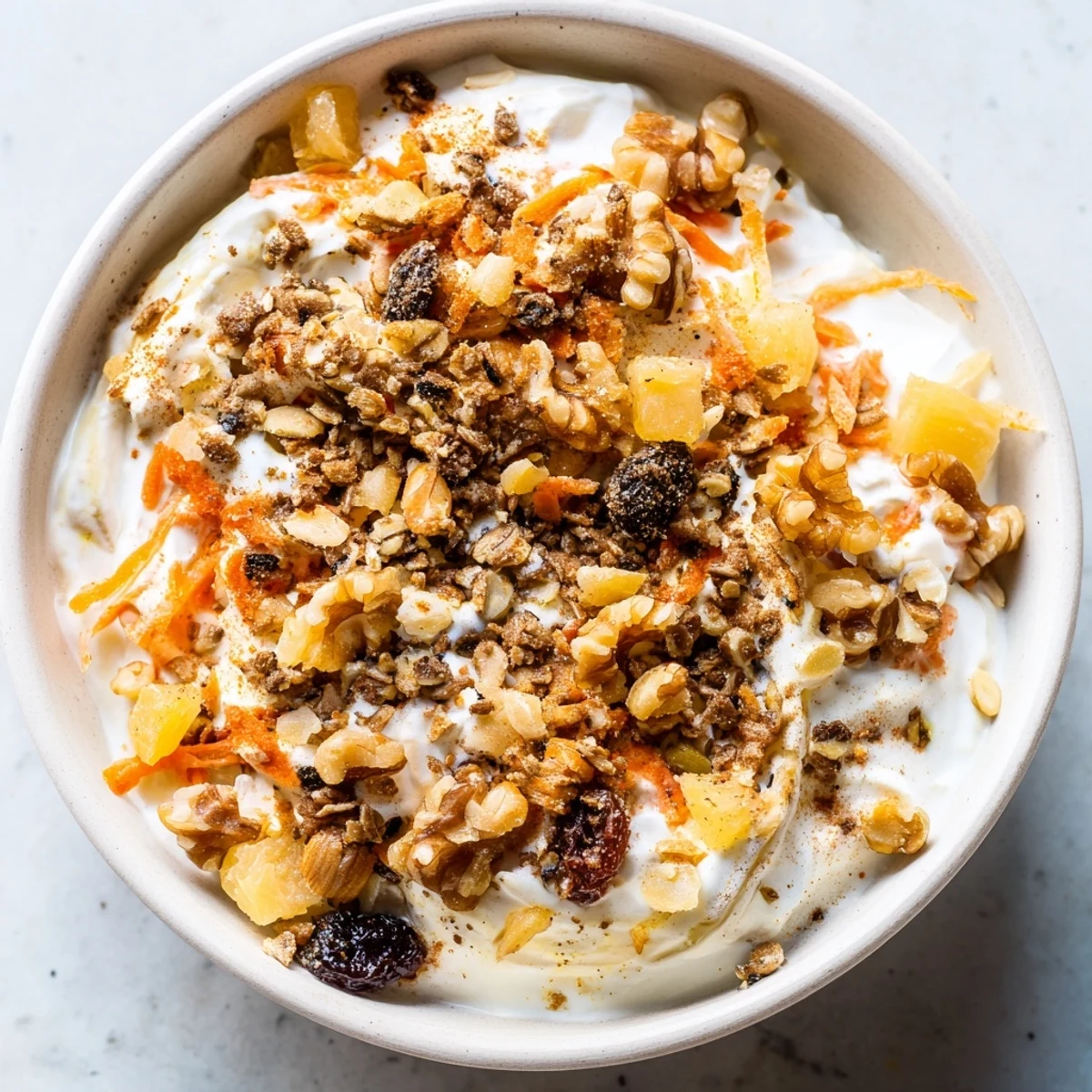Creamy carrot cake yogurt bowl topped with grated carrots, walnuts, raisins, and coconut flakes