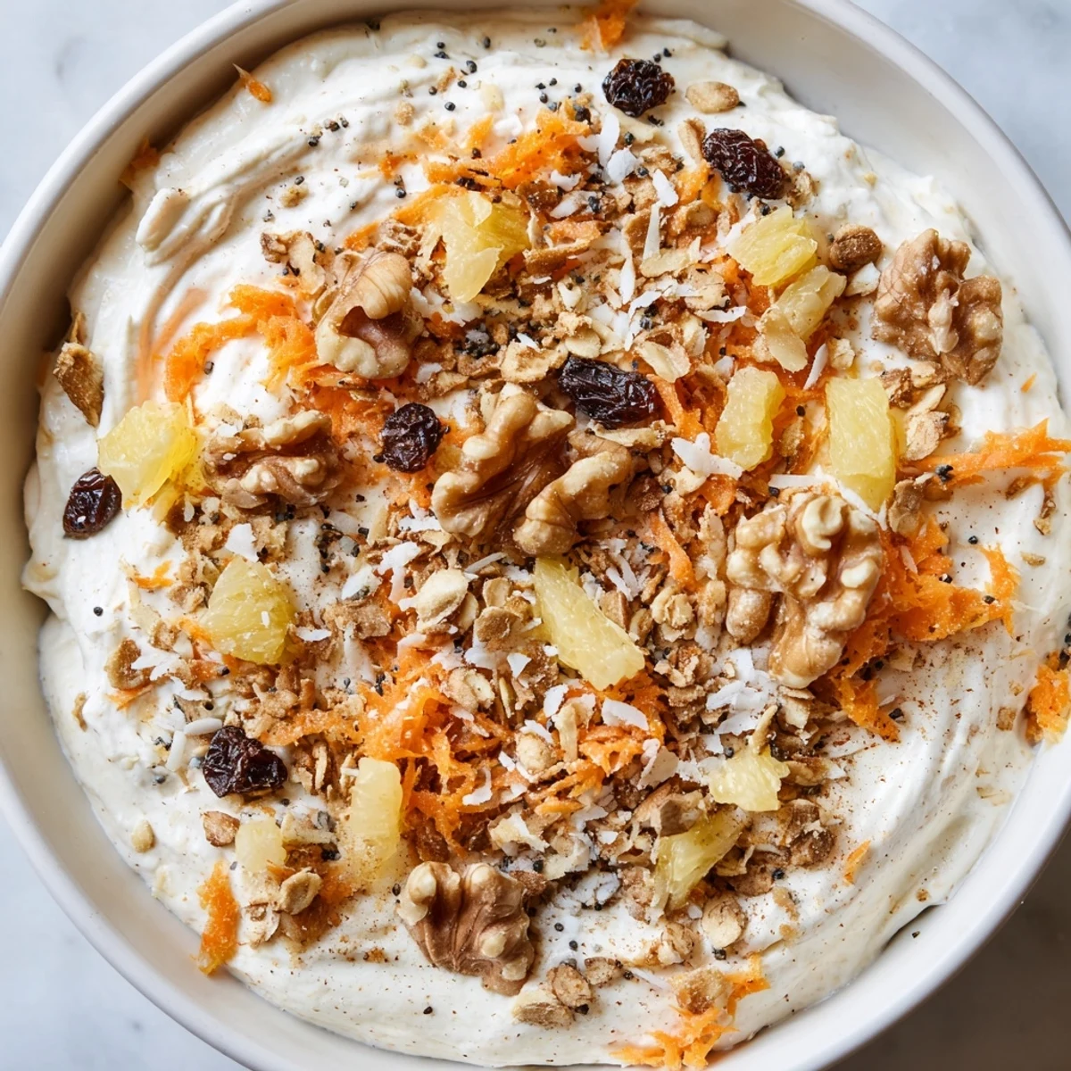 Spiced Greek yogurt bowl with carrot cake flavors, granola crunch, and fresh fruit toppings