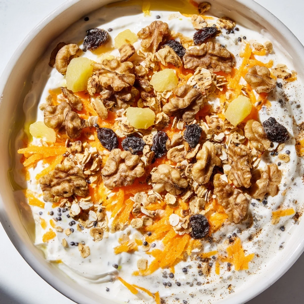 Wholesome carrot cake yogurt parfait layered with warm cinnamon, chopped pecans, and shredded coconut