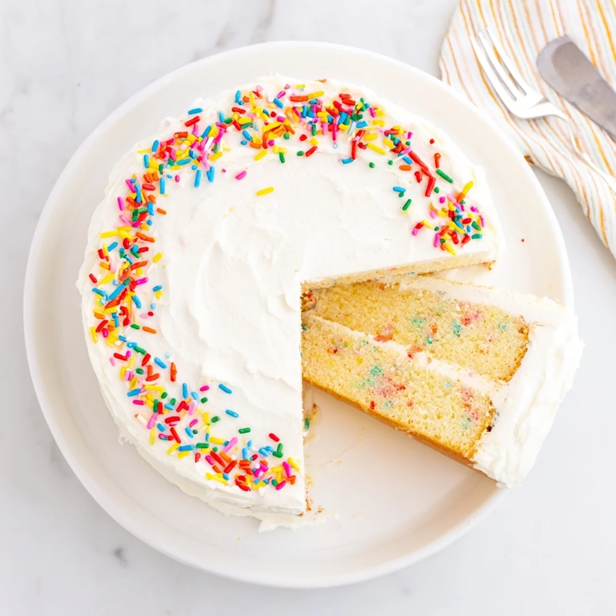 Festive funfetti cake slice showing vibrant sprinkles throughout the tender white cake crumb beneath smooth vanilla buttercream
