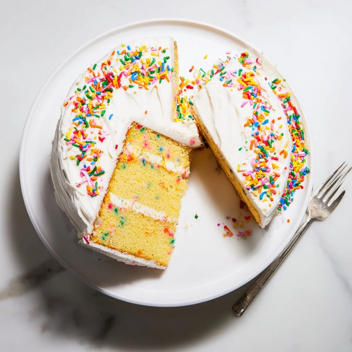 Homemade funfetti cake with colorful rainbow sprinkles baked into fluffy vanilla layers and topped with creamy white buttercream frosting