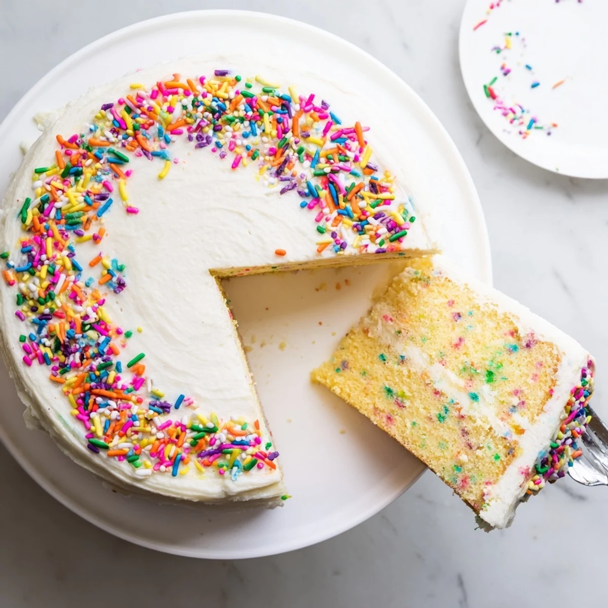 Birthday funfetti cake stacked in two golden rounds speckled with rainbow jimmies and generously frosted for celebrations