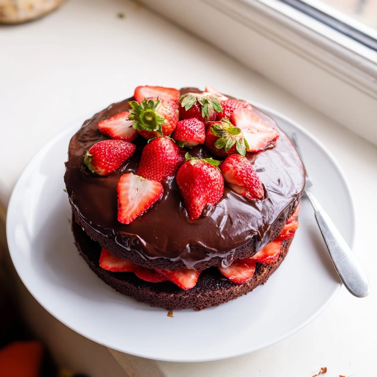 Rich chocolate layer cake filled with luscious ganache and sweet sliced strawberries for dessert