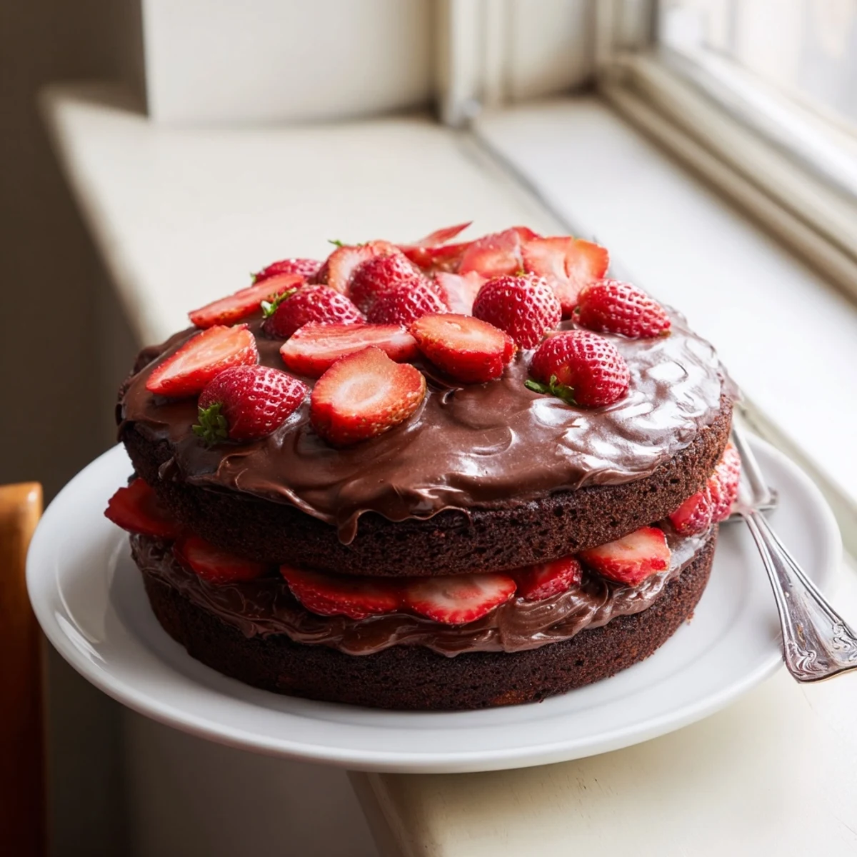 Decadent strawberry chocolate cake with glossy ganache dripping down fresh strawberry-topped layers