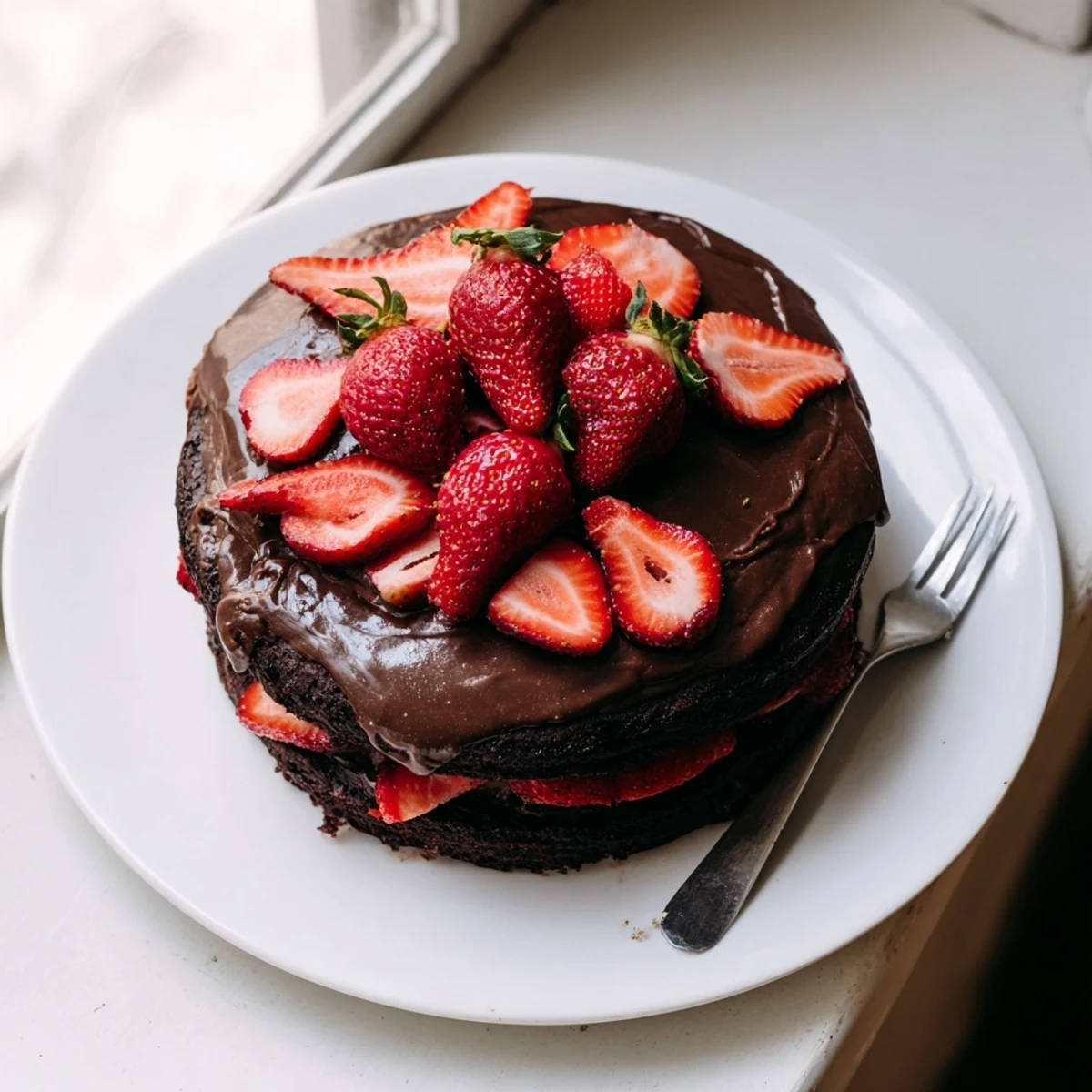 Moist chocolate cake stacked with creamy chocolate frosting and vibrant fresh strawberries on top