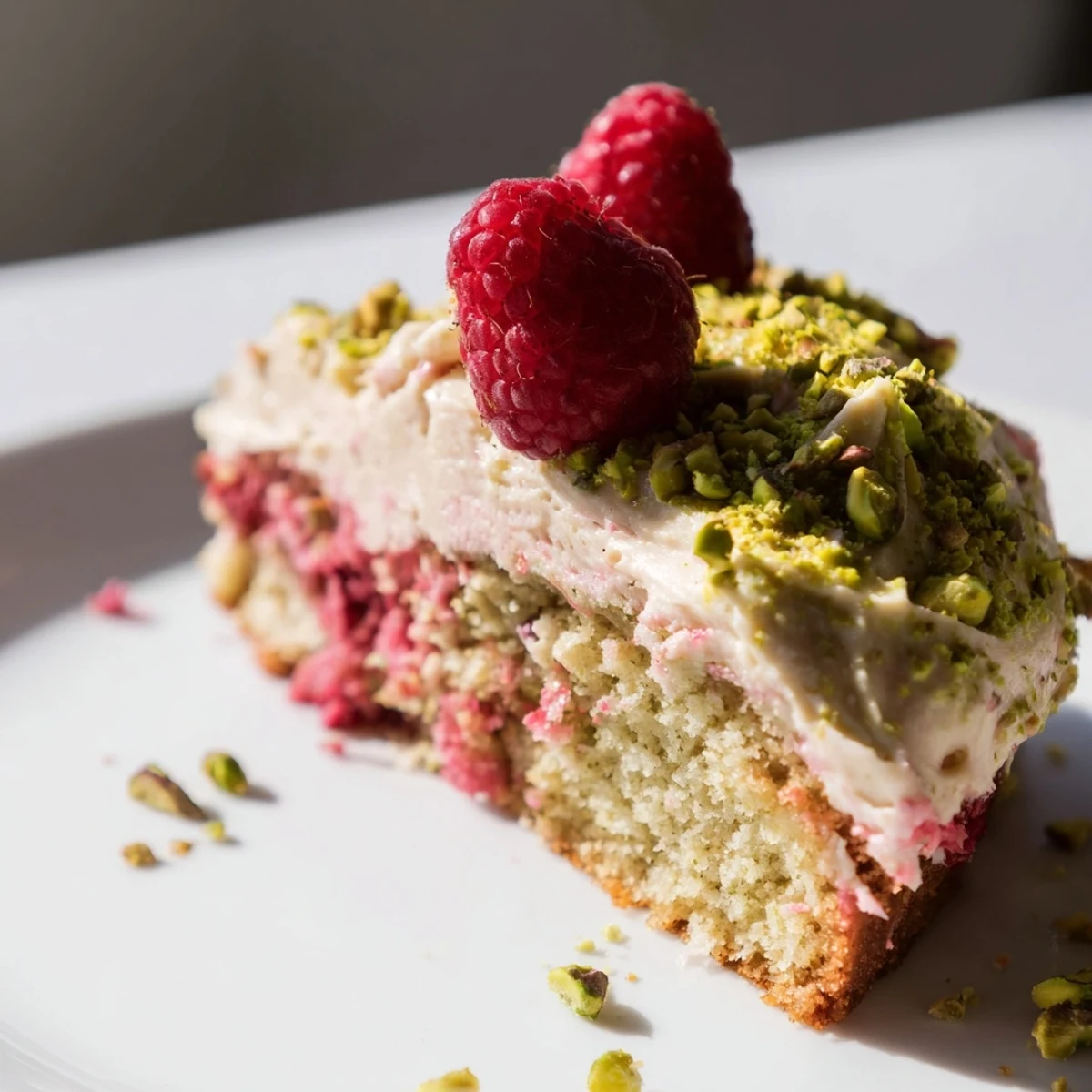 Slice of pistachio raspberry cake topped with creamy frosting and fresh berries