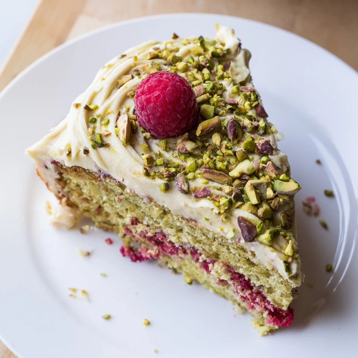 Elegant layered pistachio raspberry cake swirled with cream cheese frosting and decorated raspberries