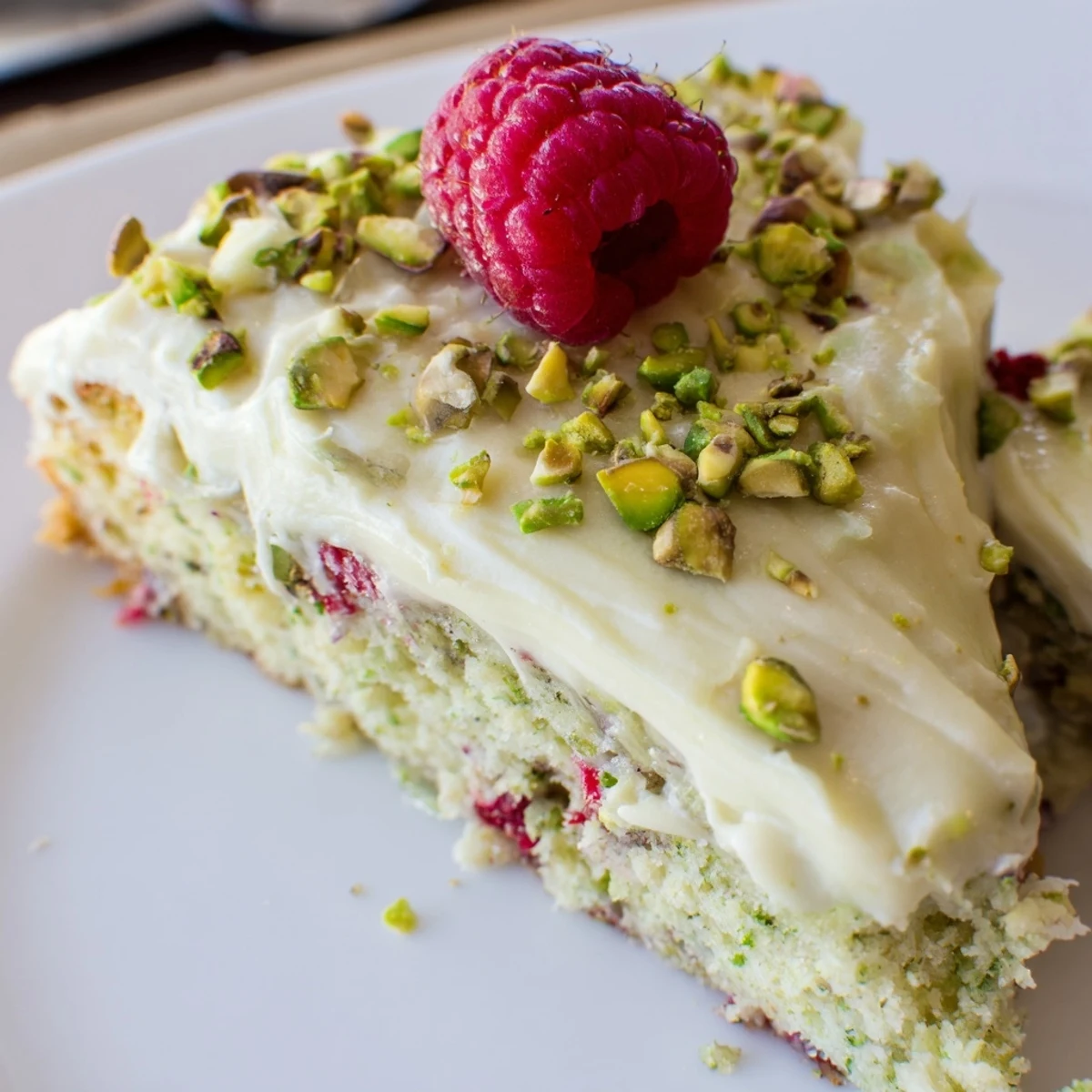 Golden pistachio raspberry cake with green nut speckles and bright red raspberries