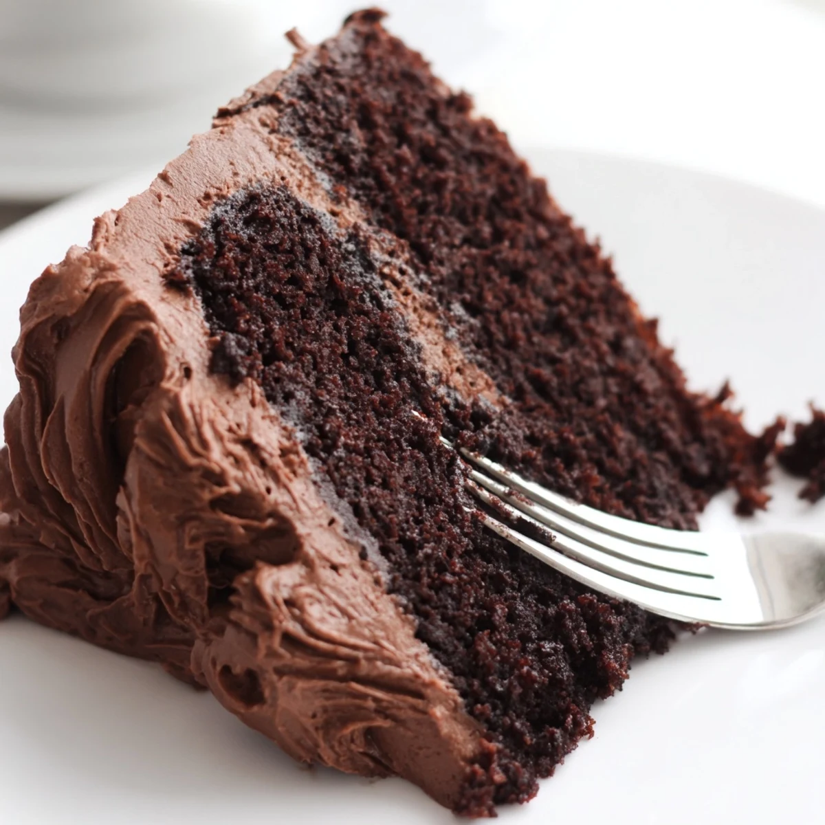 Decadent Matilda chocolate cake with thick swirls of rich chocolate frosting on top