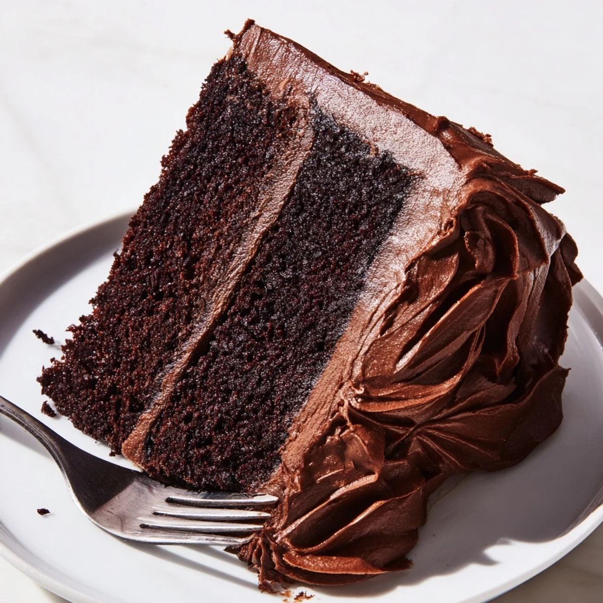 Slice of fudgy Matilda chocolate cake revealing tender crumb beneath creamy buttercream frosting