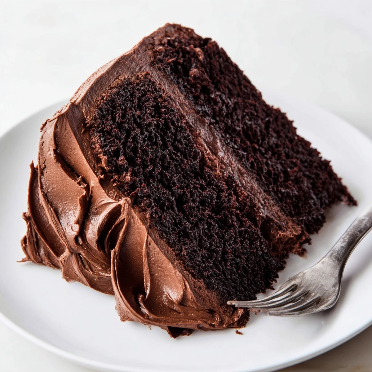 Moist double-layer Matilda chocolate cake drizzled with ganache and dusted with cocoa powder