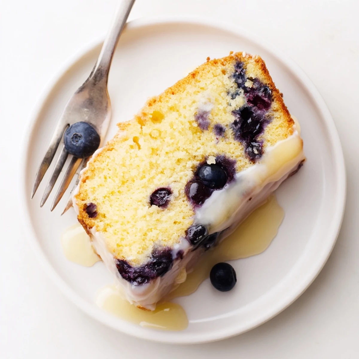 Glazed lemon blueberry cake showing tender crumb with baked blueberries throughout