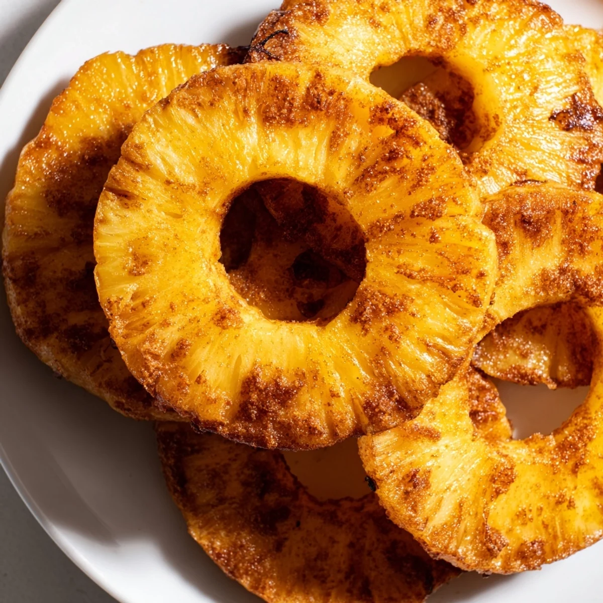 Golden air fryer pineapple slices caramelized with brown sugar and cinnamon for a sweet tropical dessert