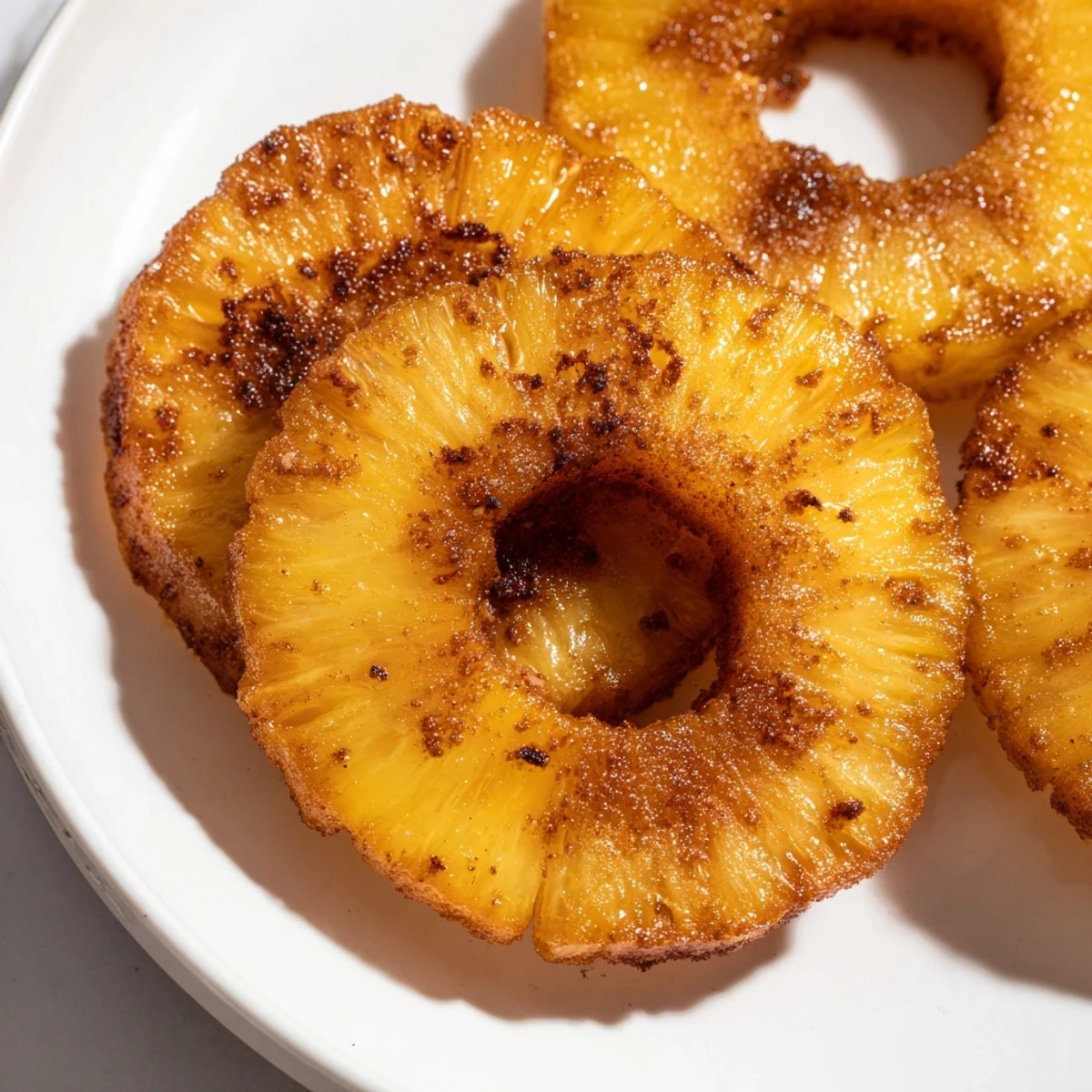 Glazed pineapple wedges air fried until golden brown and tender, ready to serve as a healthy vegan dessert