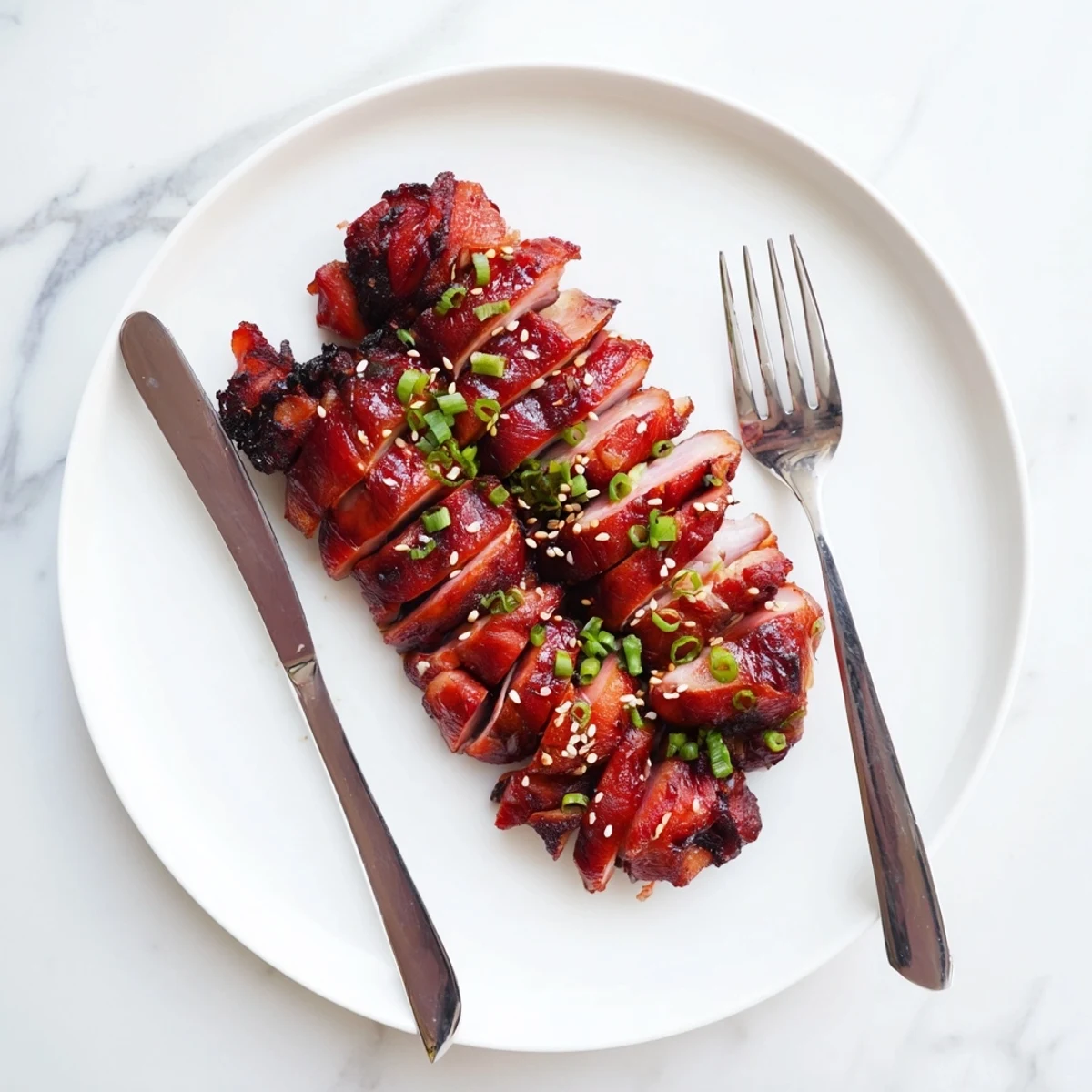 Sliced Cantonese-style Char Siu Chicken served over steaming white rice with scallion garnish