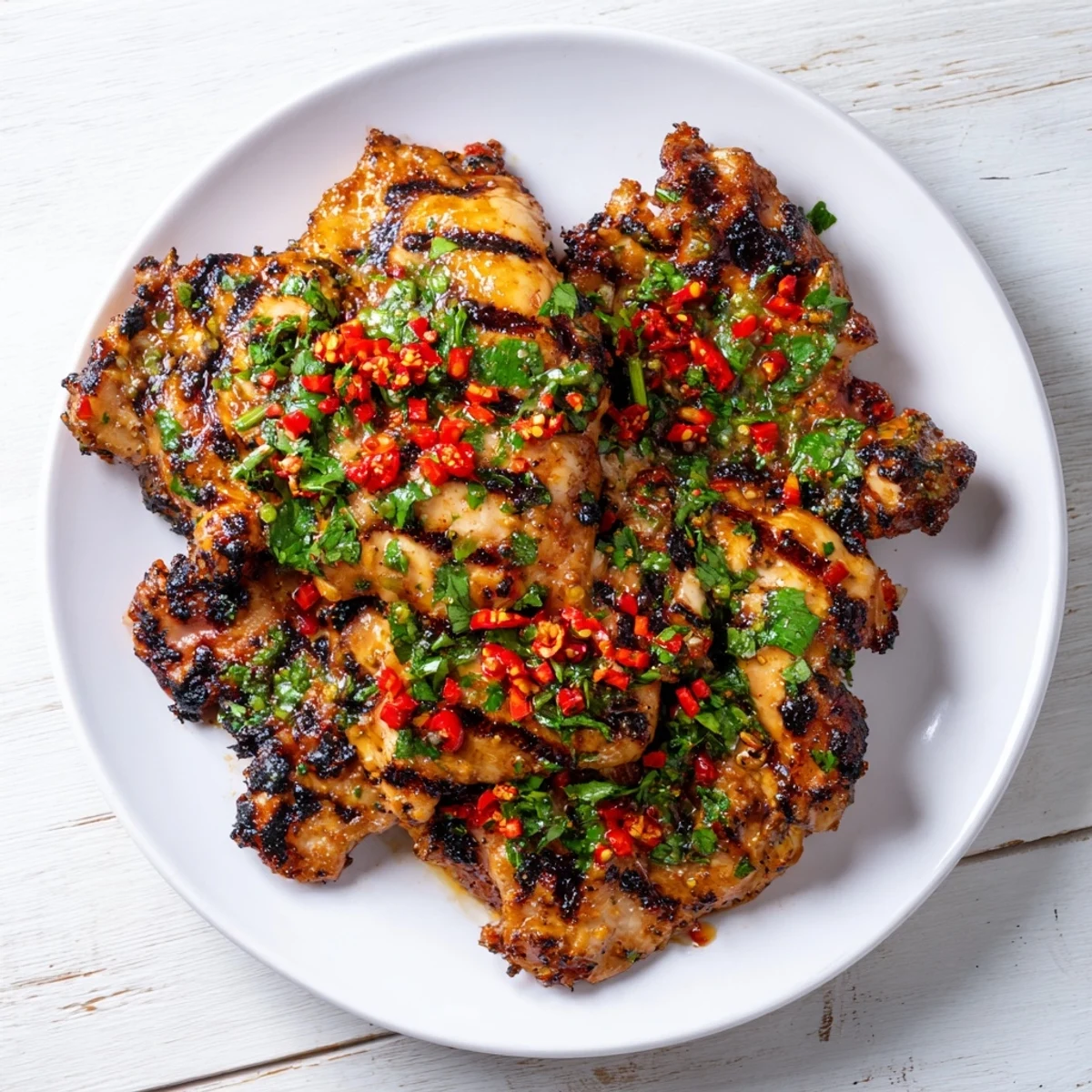 Grilled chili lime chicken breasts garnished with fresh cilantro and lime wedges on a white platter