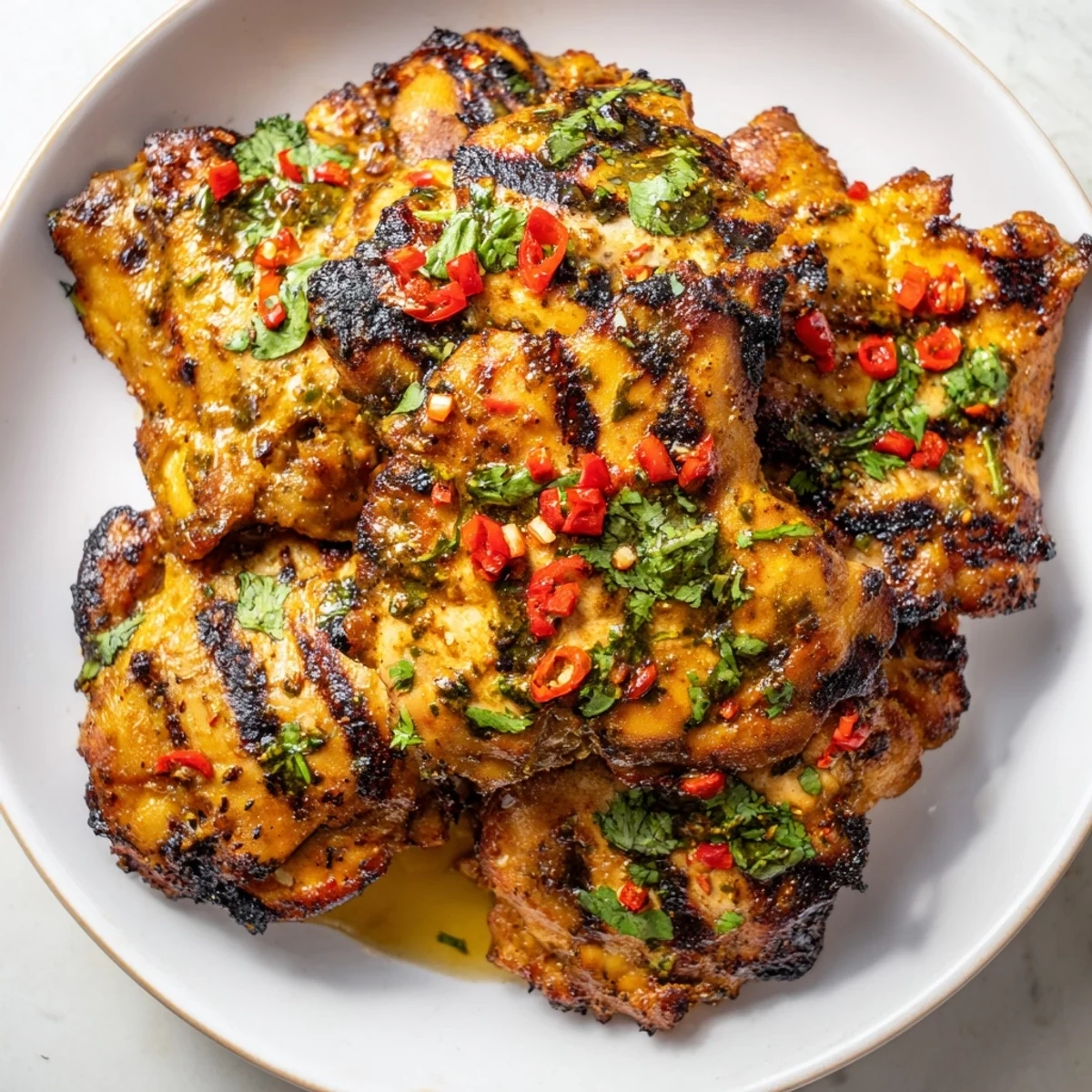 Juicy marinated chicken with charred grill marks served alongside rice and grilled vegetables for dinner