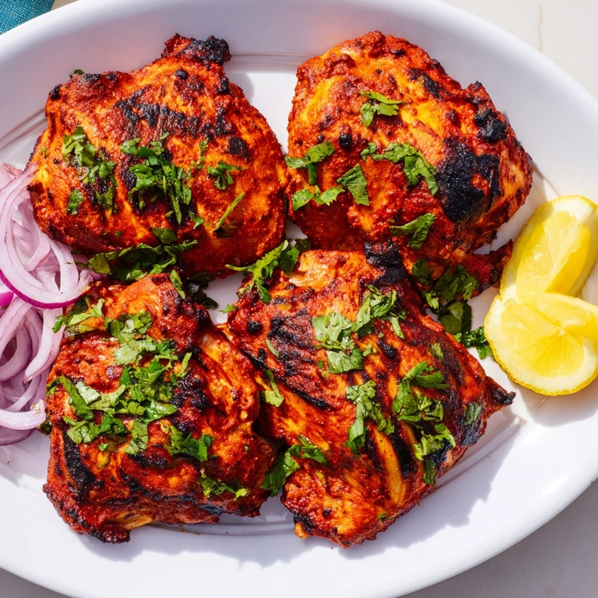 Tandoori chicken pieces with charred edges and vibrant red marinade glistening under studio lighting