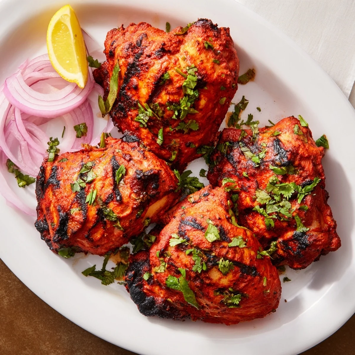 Succulent tandoori chicken thighs garnished with fresh cilantro and served alongside lemon wedges on a white plate