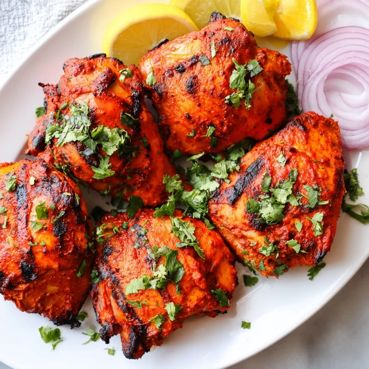 Perfectly grilled tandoori chicken showing smoky char marks and juicy tender meat beneath spiced yogurt coating