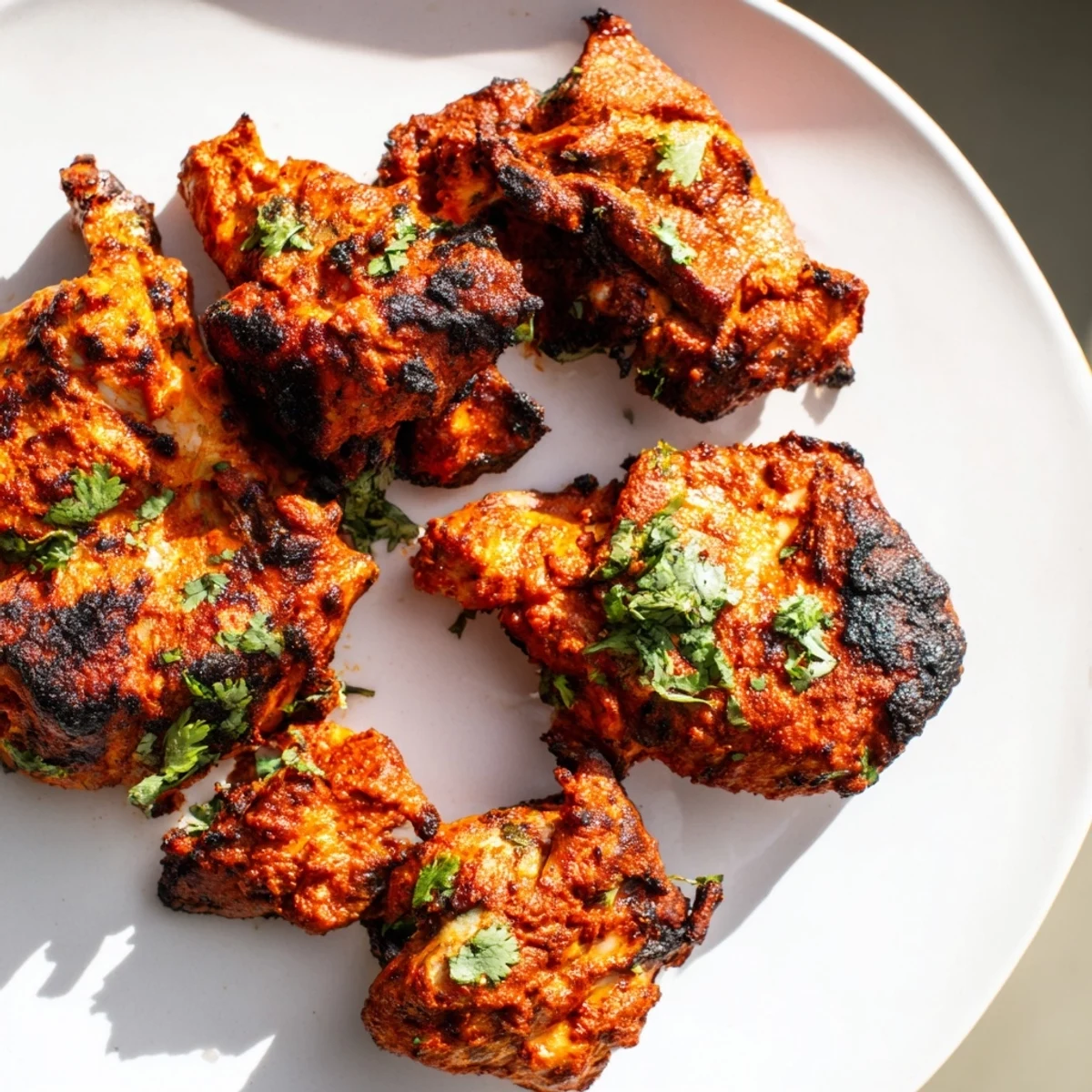 Succulent tandoori chicken pieces roasted to smoky perfection with vibrant red spice coating