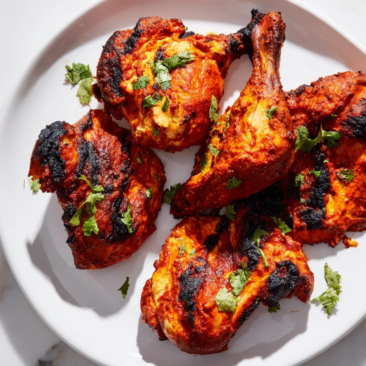 Tender yogurt-marinated tandoori chicken displaying beautiful dark char marks from roasting