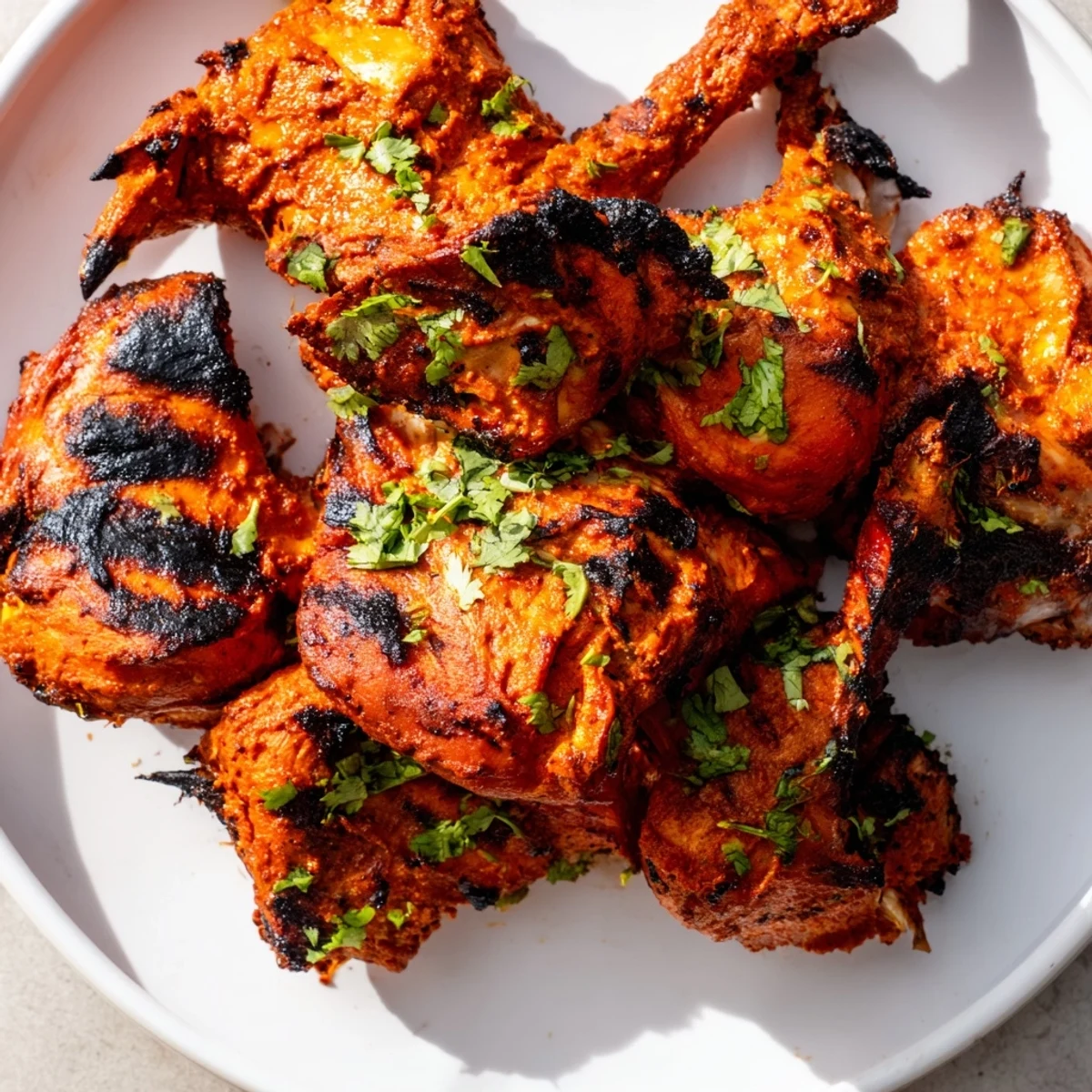 Golden charred tandoori chicken arranged on platter with fresh cilantro and lemon wedges
