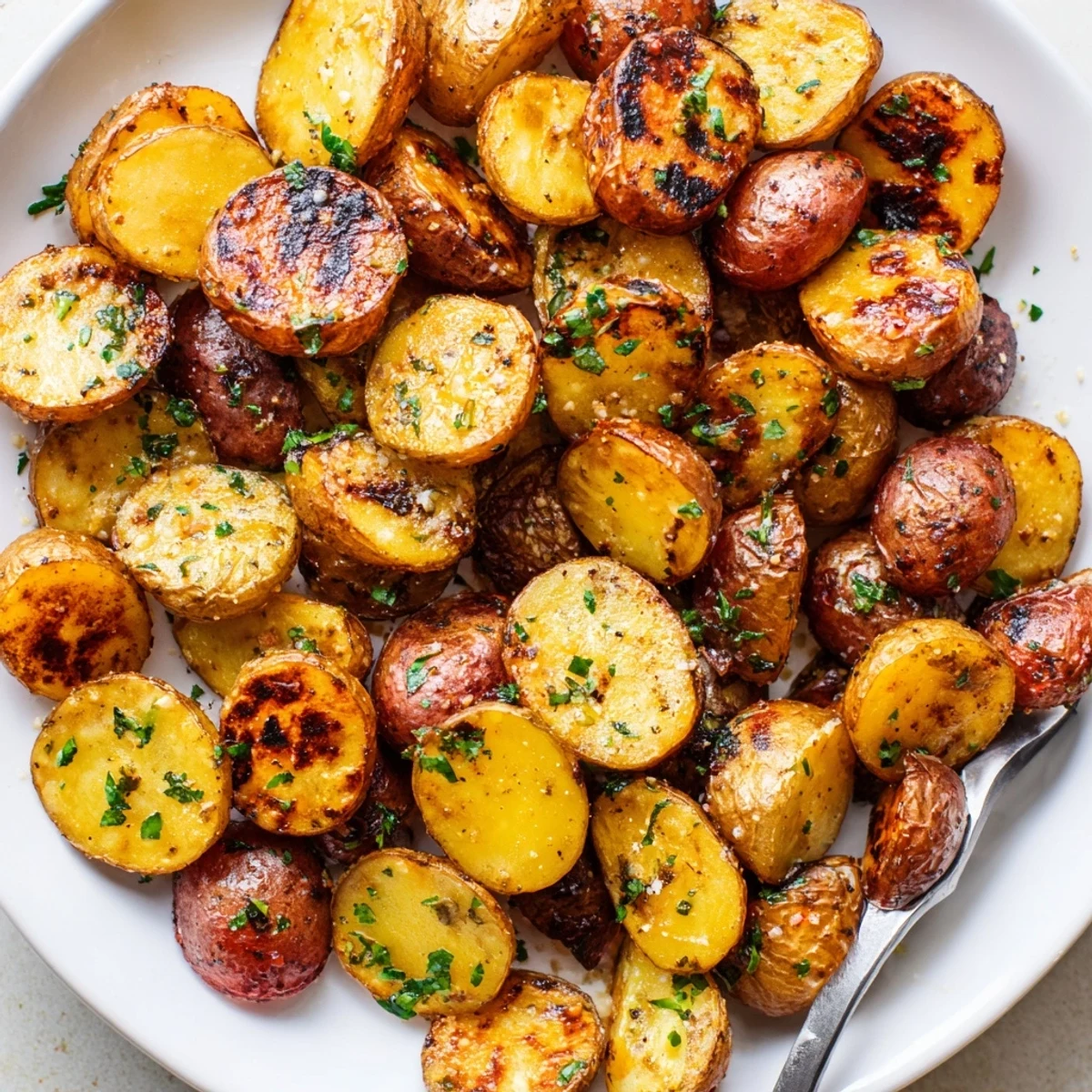 Family-style Grilled Potatoes Recipe threaded on skewers, sprinkled with fresh parsley