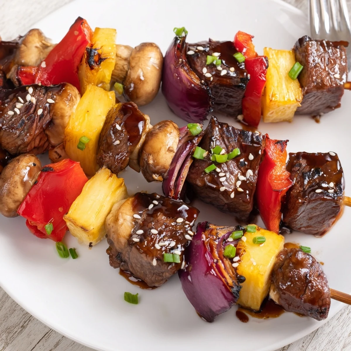Grilled Teriyaki Steak Kabobs sizzling with charred peppers, glossy sweet glaze