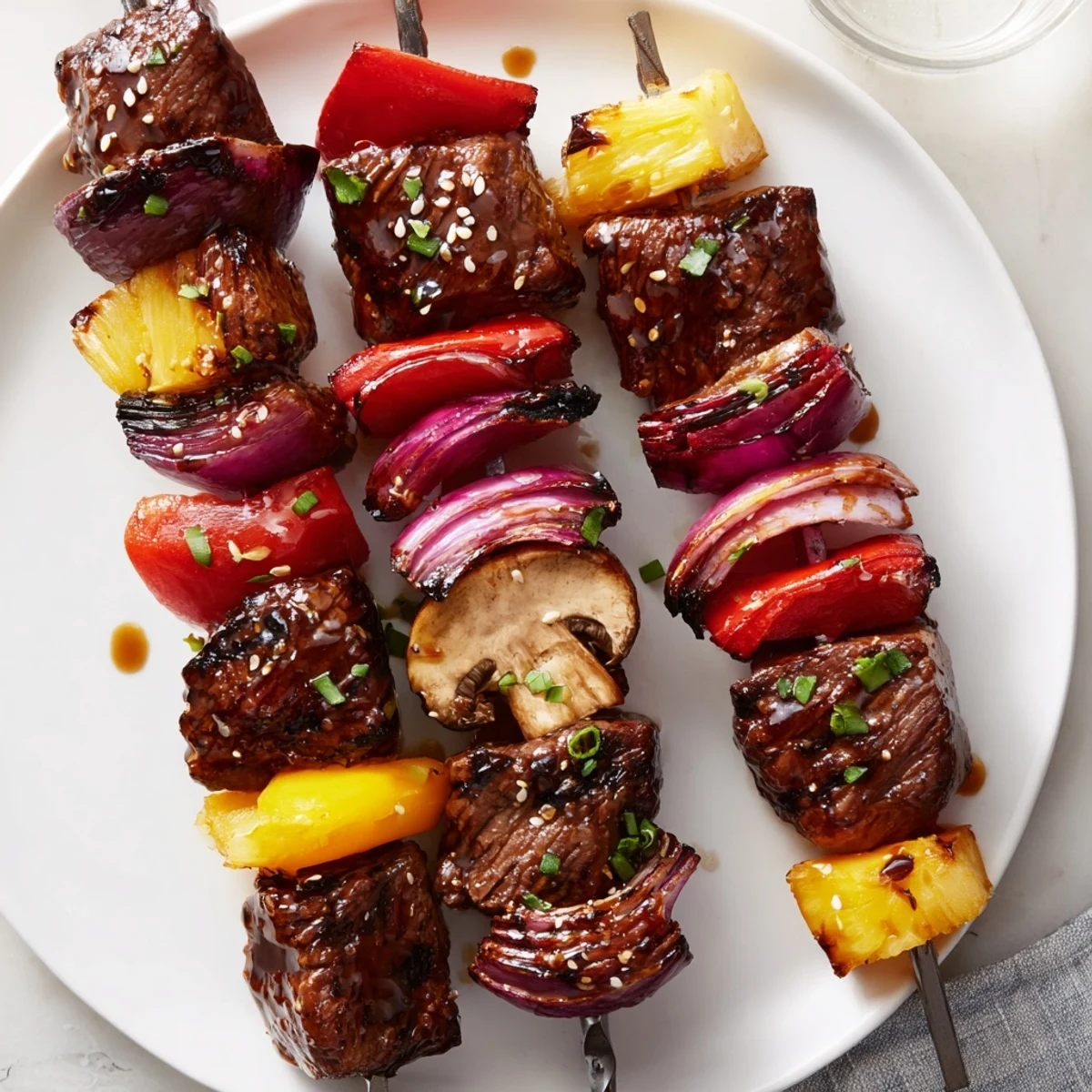 Plated Grilled Teriyaki Steak Kabobs atop steamed jasmine rice, sesame seeds sprinkled