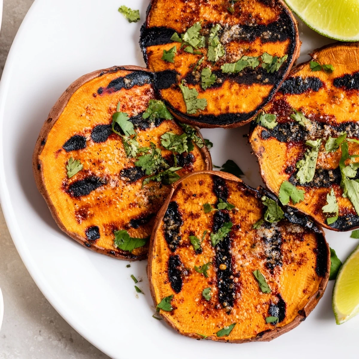 Family-style Grilled Sweet Potatoes served hot, flaky sea salt and lime