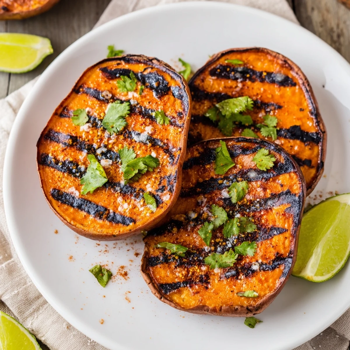 Sliced Grilled Sweet Potatoes glowing with paprika, olive oil sheen and grill marks  