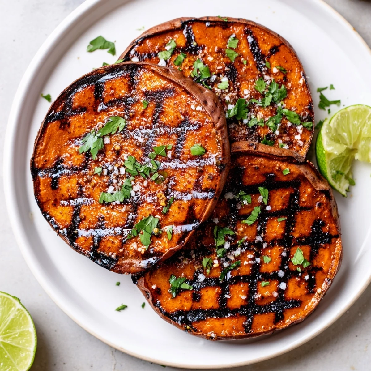 Grilled Sweet Potatoes with smoky char, cilantro, lime wedges on platter  
