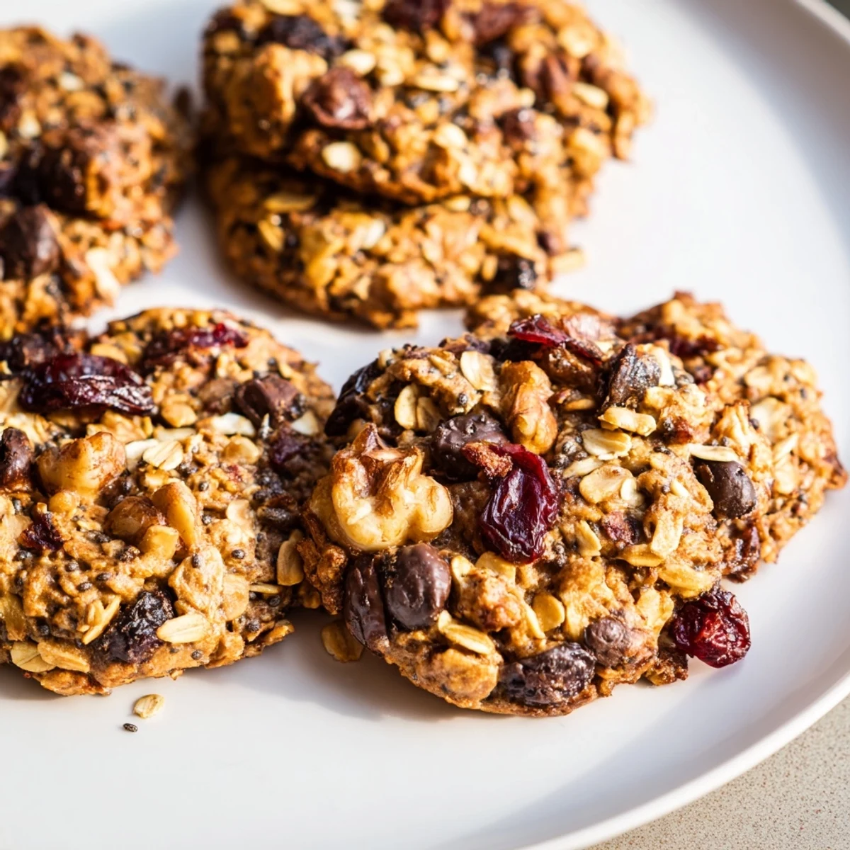 Golden brown healthy breakfast cookies studded with cranberries and walnuts on a wire cooling rack