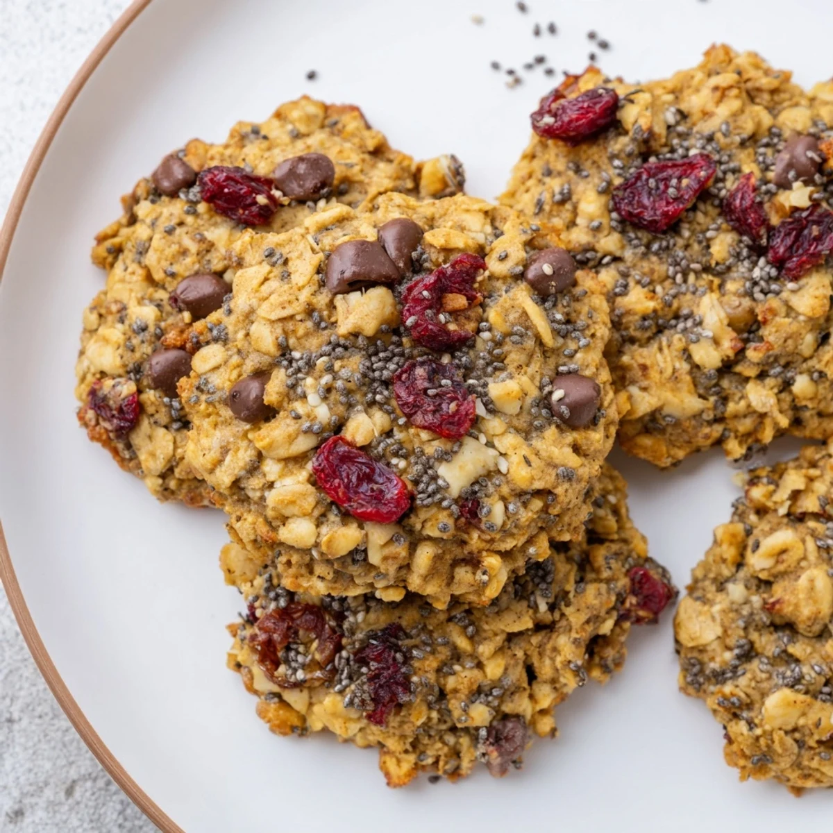 Chewy wholesome oatmeal breakfast cookies stacked on a wooden board with banana and maple accents