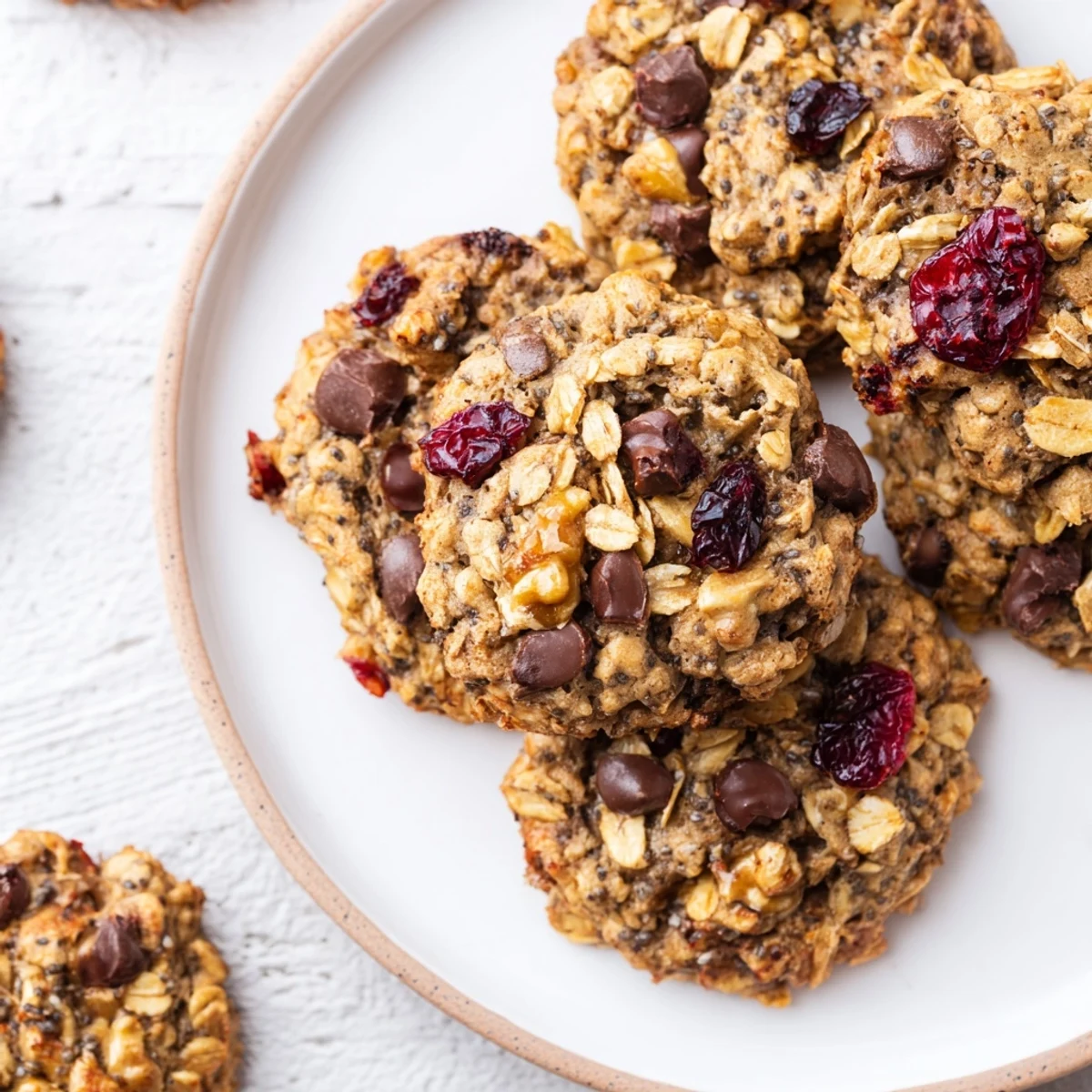 Freshly baked grab-and-go healthy breakfast cookies with oats, nuts, and dried fruit on parchment paper