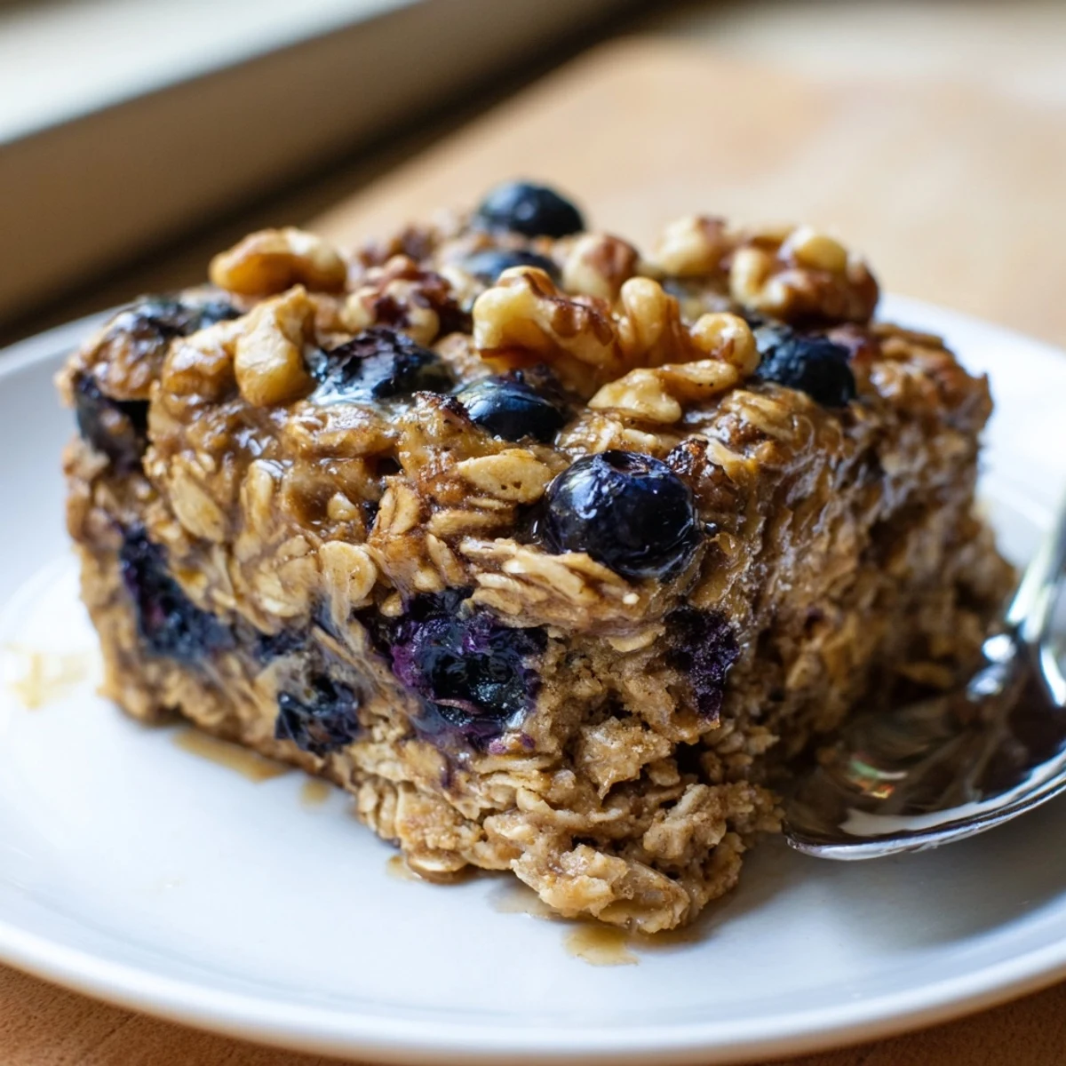 Golden baked oatmeal with fresh blueberries and cinnamon in a white ceramic square dish