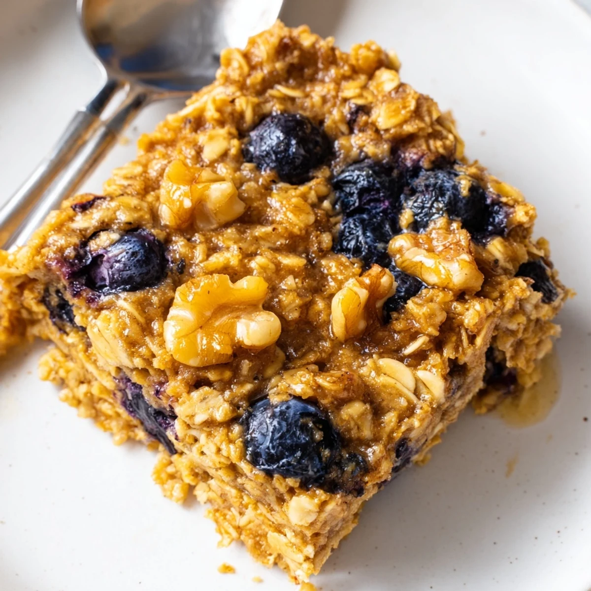 Warm breakfast baked oatmeal topped with walnuts and sliced bananas ready to serve