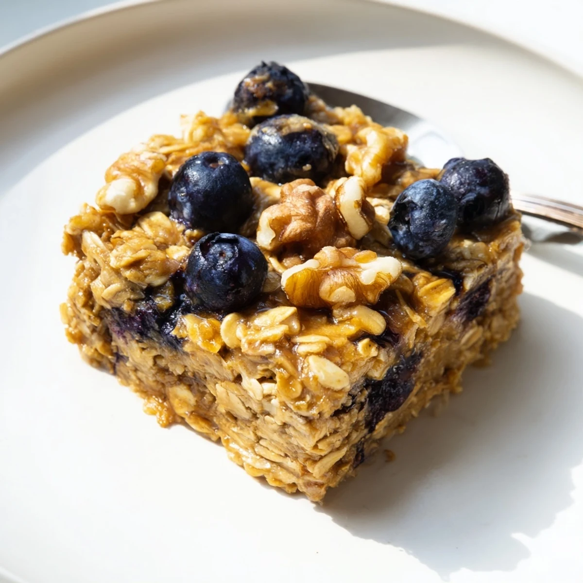 Comforting baked oatmeal casserole with brown sugar crumble and fruit in a 9x9 pan
