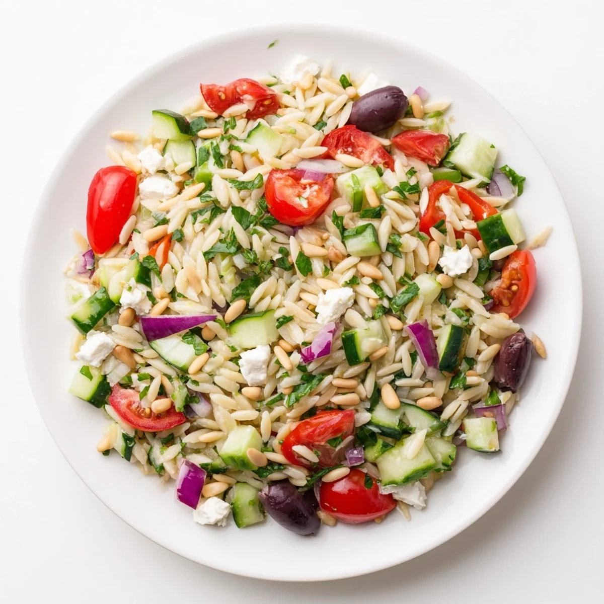 Colorful Mediterranean orzo power salad featuring cherry tomatoes, cucumber, feta, and fresh herbs in a lemon dressing