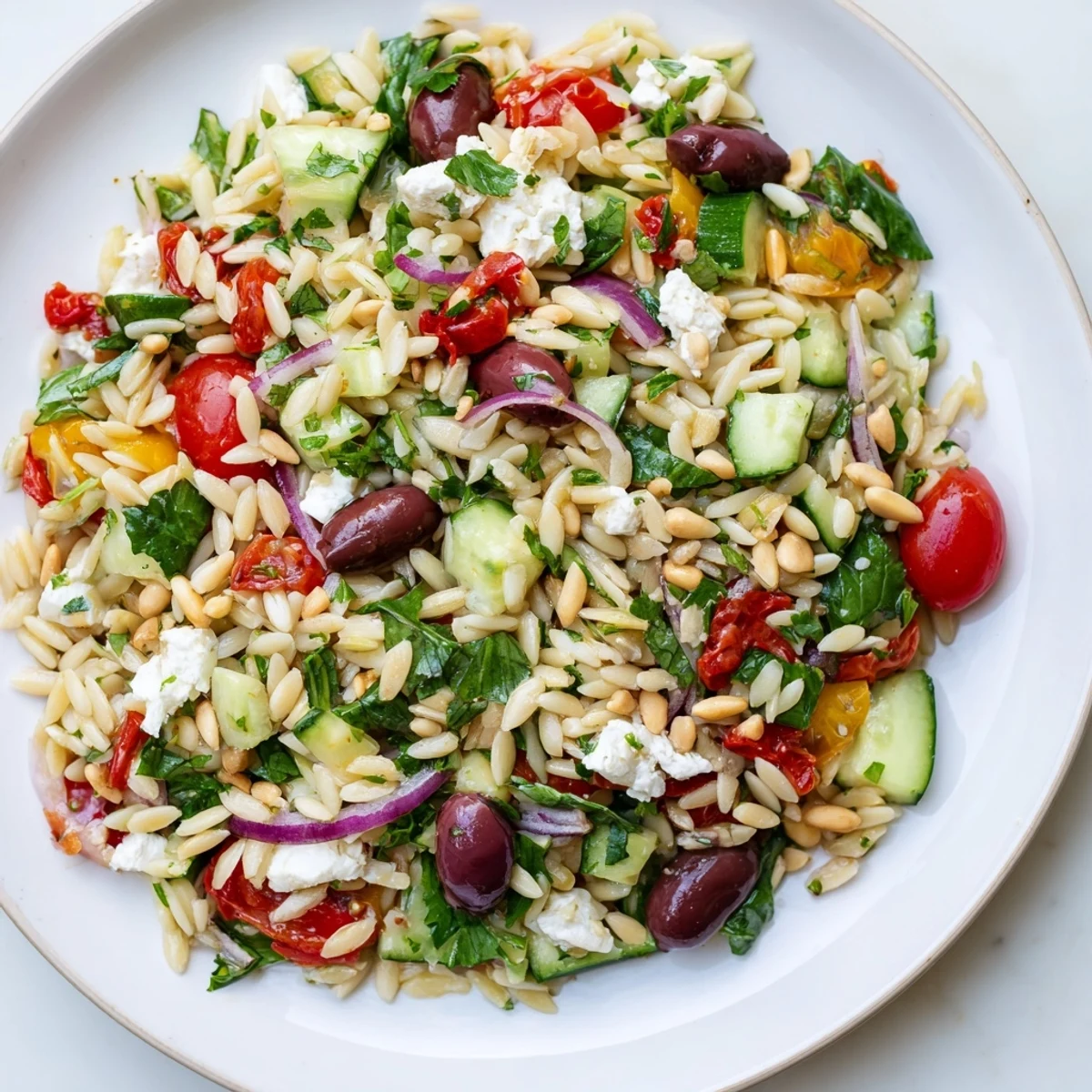 Vibrant bowl of Mediterranean orzo power salad tossed with olives, bell peppers, and toasted pine nuts for crunch