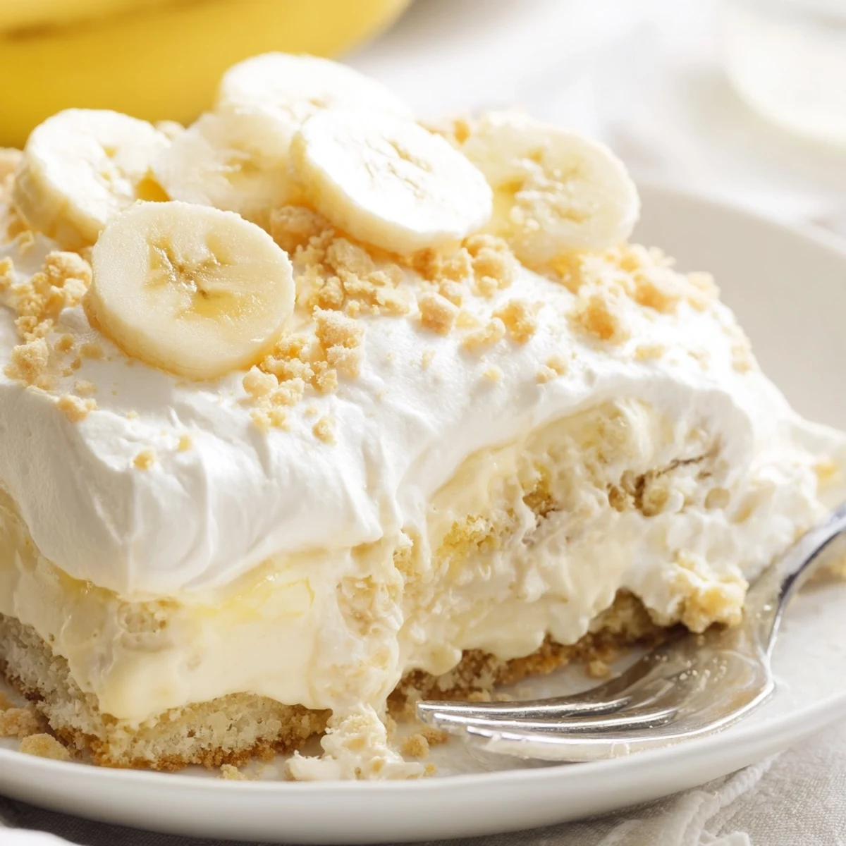 Golden banana pudding cake slice topped with whipped cream and fresh banana slices on white plate