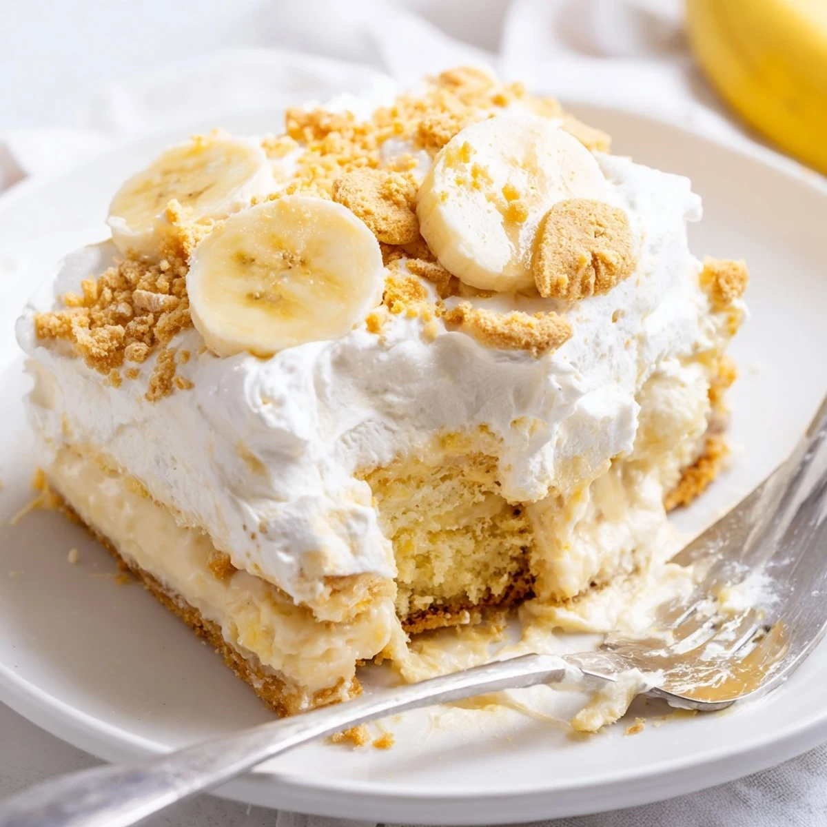 Layered banana pudding cake showing vanilla wafer crumbs and creamy filling between moist cake tiers