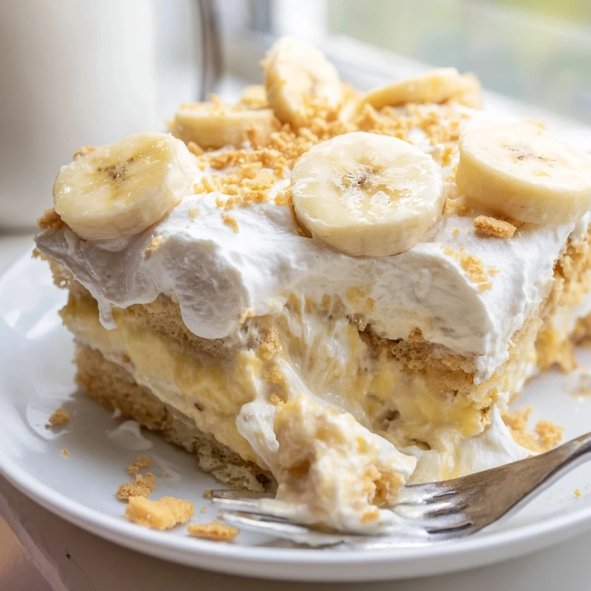 Homemade banana pudding cake with fluffy whipped topping garnished with crushed vanilla wafers
