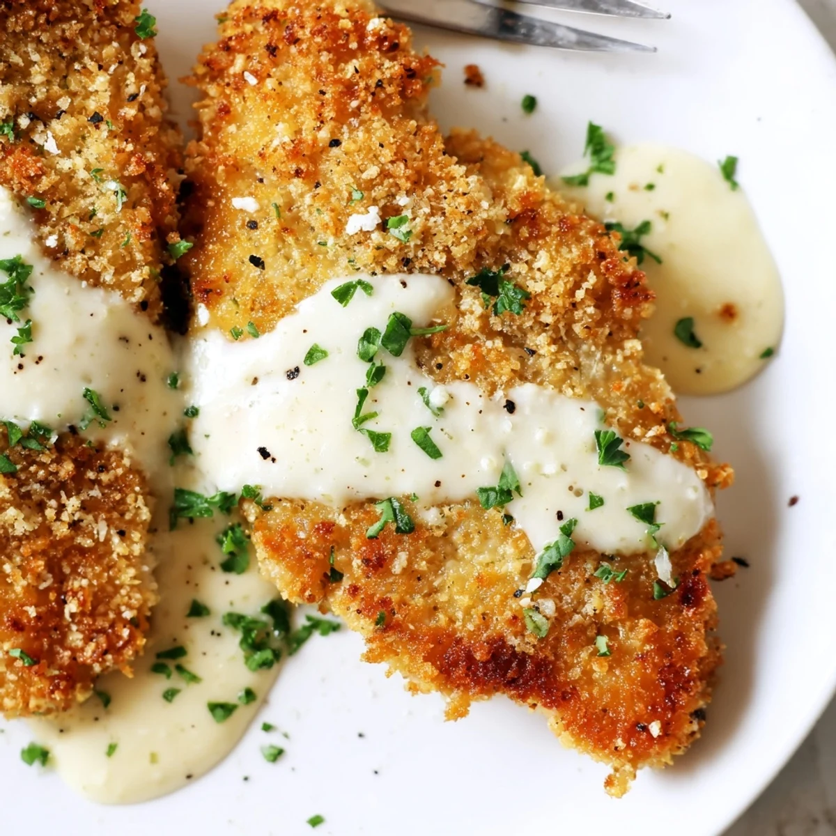 Pan-fried chicken with crunchy breadcrumb coating drizzled with rich garlic cream sauce