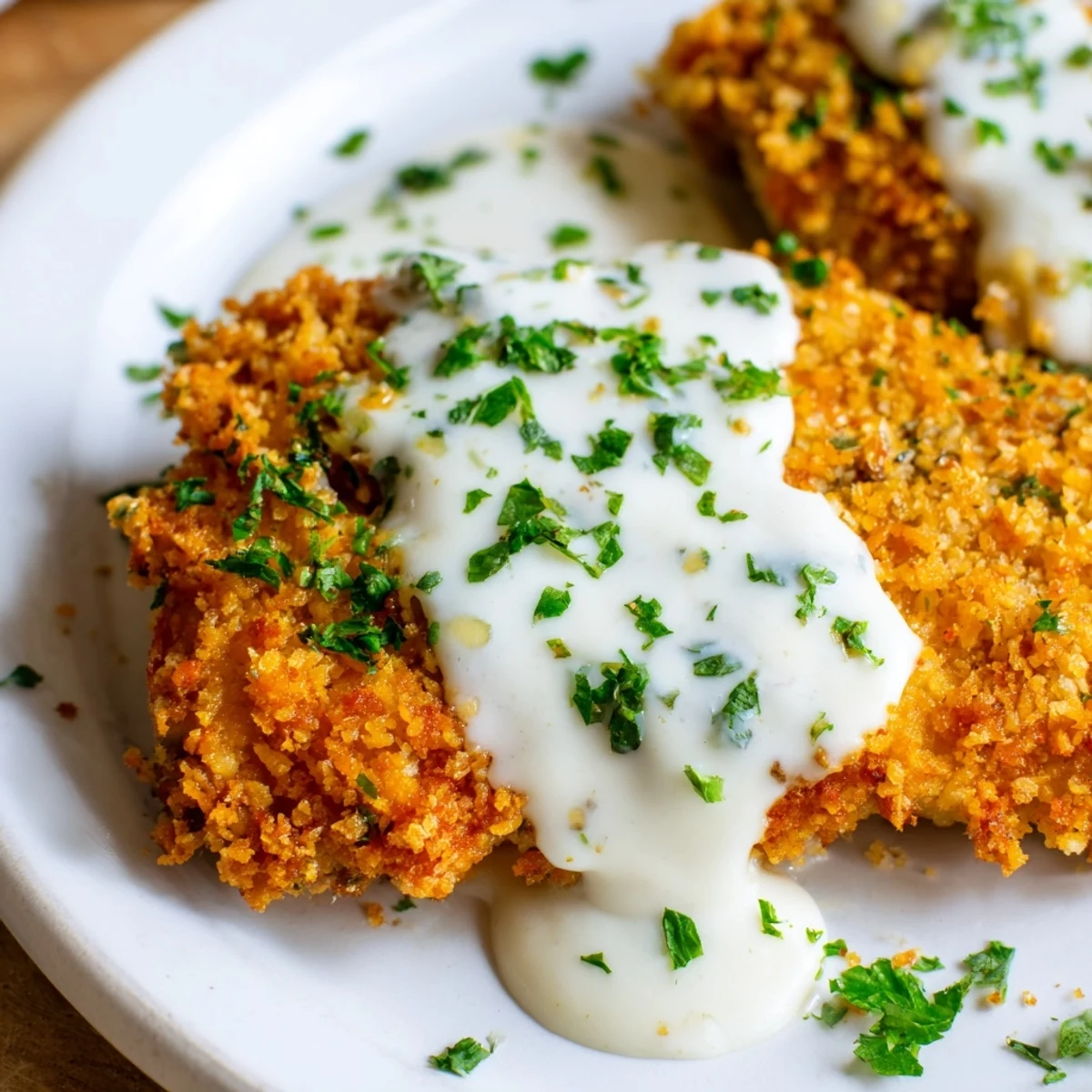 Golden crispy chicken breast topped with velvety parmesan cream sauce on a white plate
