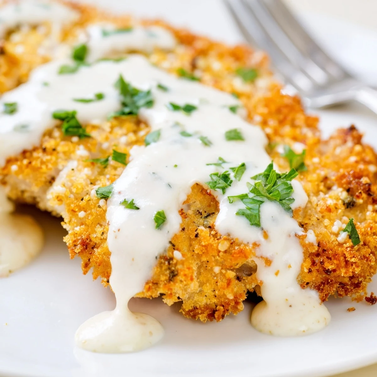 Juicy breaded chicken cutlets served smooth savory cream sauce garnished with fresh parsley